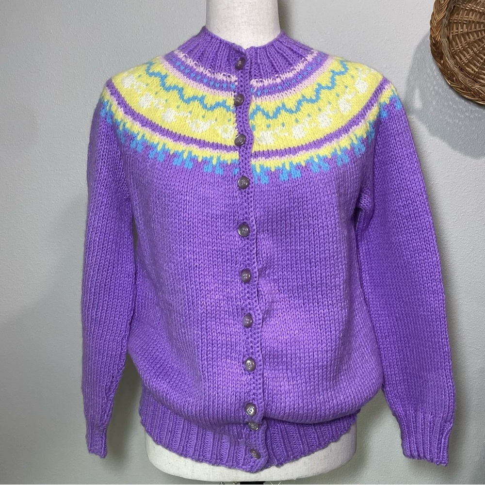 Vintage Purple Yellow Knit Cardigan with a Fair Isle Yoke Pattern Handcrafted SM